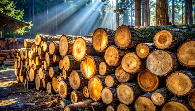   
Stacked Logs in Forest Sunlight