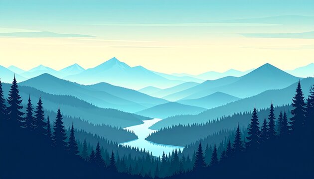 Panoramablick auf Berglandschaft mit Fluss und Kiefernwald