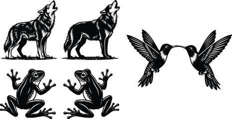 Wild Animal Vector Illustration Set Featuring Howling Wolves Flying Hummingbirds and Tree Frogs in Vintage Linocut Engraving Style for Graphic Design © Its Razoan 