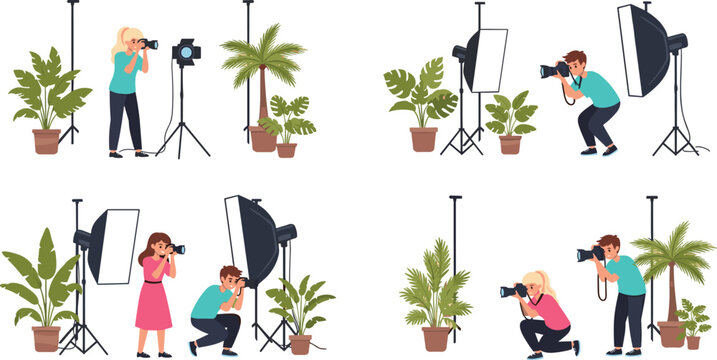 Flat vector illustration collection of professional photographers working in a studio taking photos of potted plants using softbox lights and professional cameras.