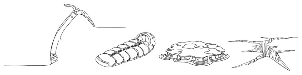 One line drawing of arctic expedition equipment featuring ice axe sleeping bag and glacier landscapes © InsomniaVideo