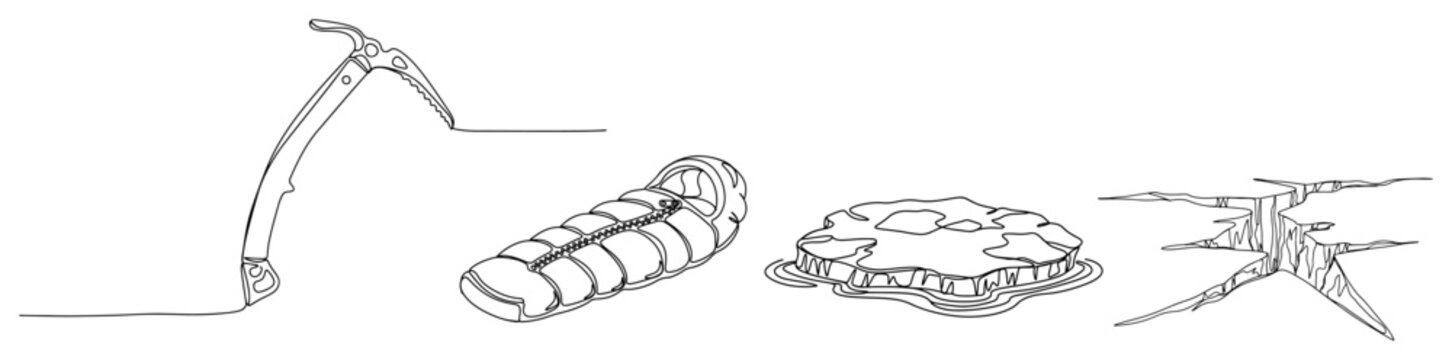 One line drawing of arctic expedition equipment featuring ice axe sleeping bag and glacier landscapes