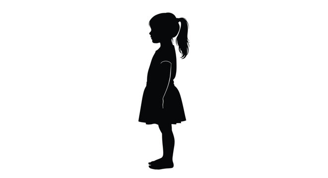 Simple black silhouette vector graphic illustration of a small girl standing in profile view