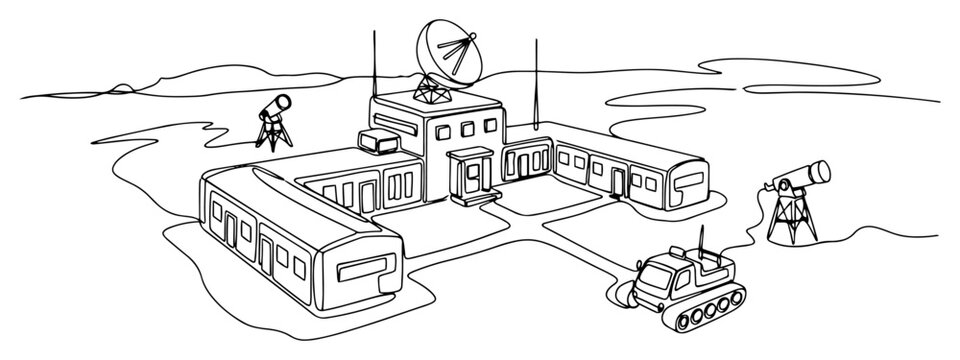 Detailed continuous line drawing of a remote polar research station with scientific equipment and a snowcat
