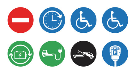 Fototapeta premium Diverse vector icon set for traffic, parking, and vehicle services, providing clear visual communication for road safety, urban mobility, and transportation guidance