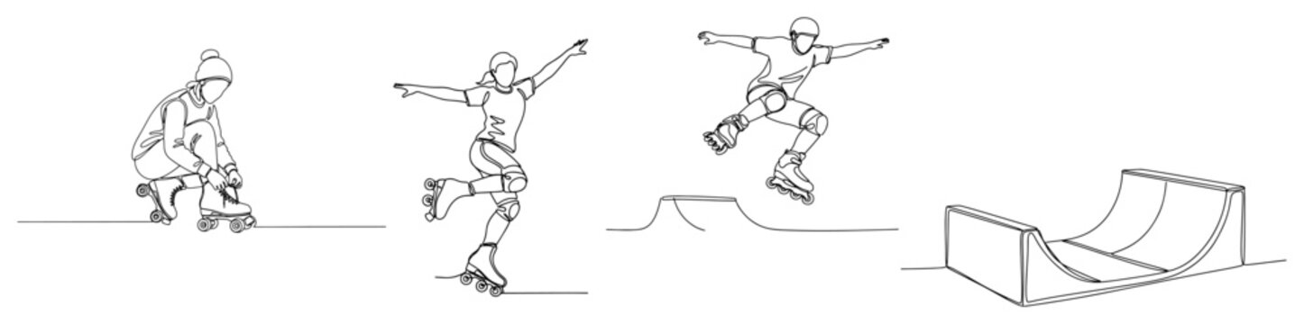Minimalist continuous line art of people inline skating and a halfpipe ramp in a skatepark