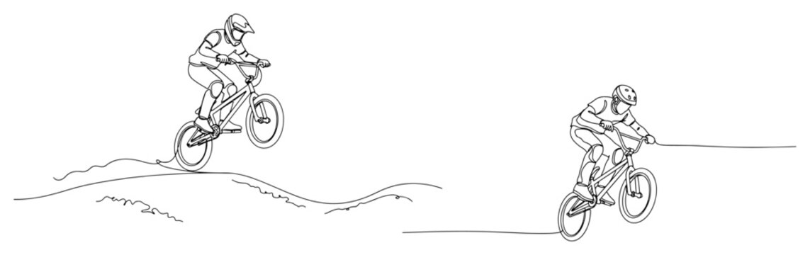 Continuous line drawing of a BMX biker performing a jump and riding on a path