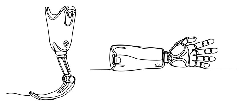 Continuous line drawing of modern prosthetic leg blade and bionic robotic arm hand