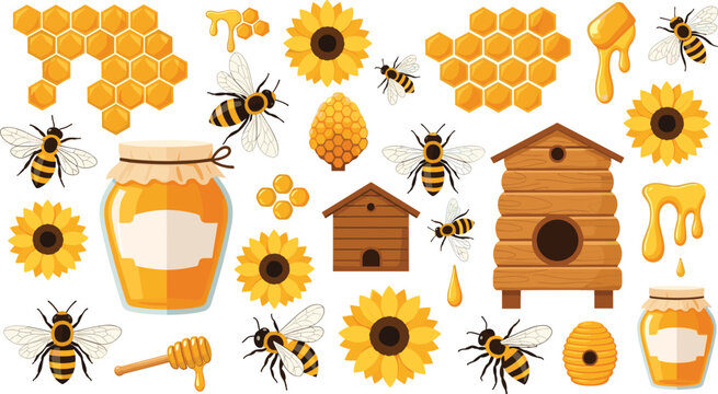 Flat vector illustration set of beekeeping and honey production featuring honey jars, wooden beehives, sunflowers, flying bees, and golden honeycomb.