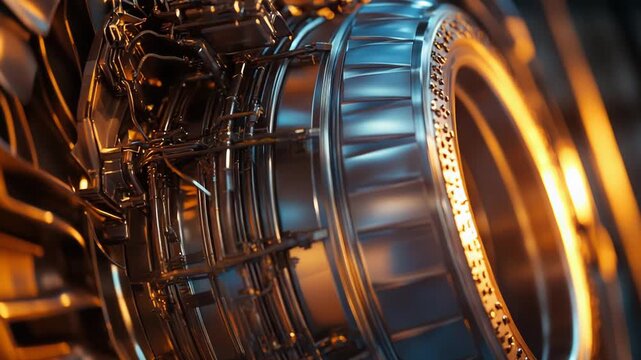 Close up view of an intricate aircraft engine turbine, showcasing its complex mechanical components and fan blades in polished metal surrounded by warm light