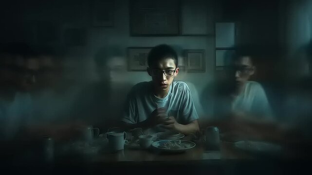 Solitary dining experience depicting inner turmoil and loneliness through expressive visual storytelling and artistic composition