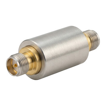 Precision radio frequency attenuator showcasing metal housing gold contacts and threaded connectors for quantum computing components minimalist