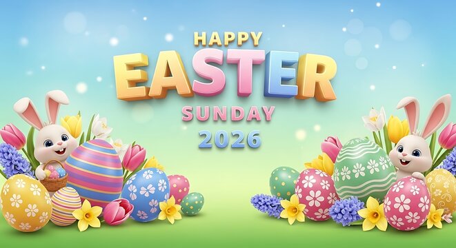 Happy easter sunday 2026  colorful illustration with bunnies and eggs