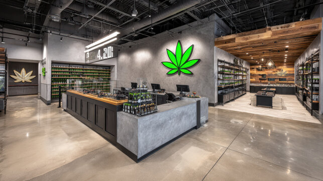 Interior of a cannabis dispensary, various hemp products shop