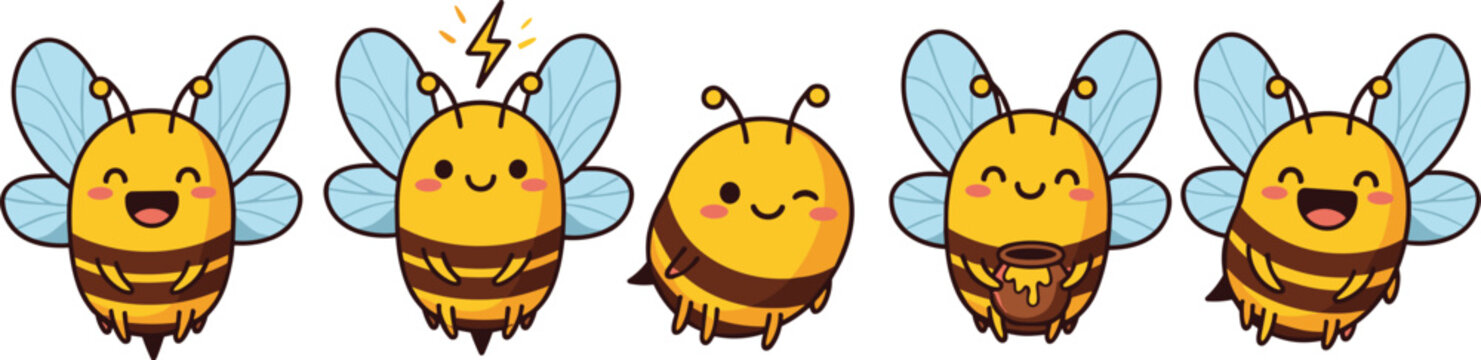 Set of cute honey bee vector characters featuring various emotions and poses including happy, winking, and laughing in a flat minimalist kawaii style.