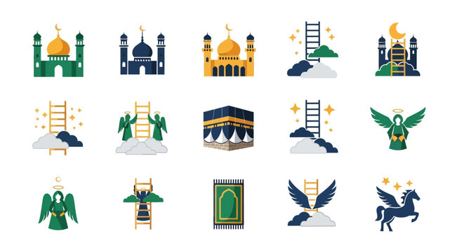 Islamic Icon Set for Isra and Mi'raj with Kaaba Mosque Buraq and Angels. Flat Vector Illustration for Ramadan Kareem and Eid Mubarak.