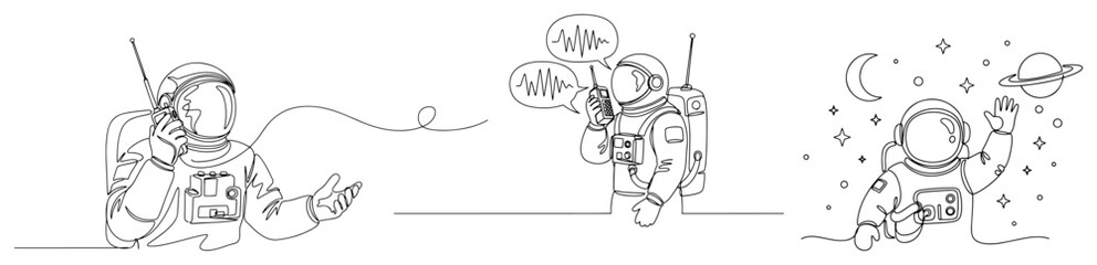 Astronauts communicating with radio and waving among planets and stars in continuous one line drawing style © InsomniaVideo
