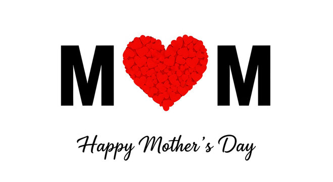 Black M letters flanking a large red heart made of smaller hearts with Happy Mothers Day text