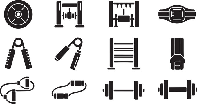 Gym equipment icon set with 12 black vector elements, fitness workout gear symbols, bodybuilding and weightlifting tools for athletic training apps isolated PNG with Transparent Background
