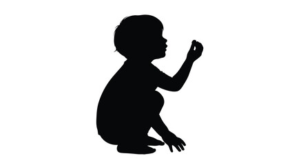 Black silhouette vector graphic illustration of a small child crouching down and observing something closely © ClipsByAnderson