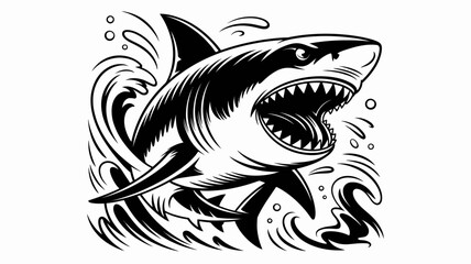 A striking black and white illustration of a shark emerging from the water © MdSafi