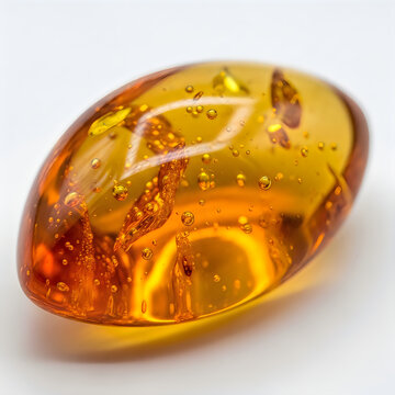 A close-up of a yellow capsule with bubbles on its surface