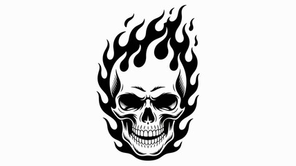 A striking black and white illustration of a skull engulfed in flames © MdSafi