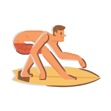 Animated cartoon man crouches on surf board riding wave with focused energy summer surfing illustration