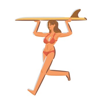 Animated cartoon woman runs carrying surf board wearing bikini with energetic summer beach surfing vibe