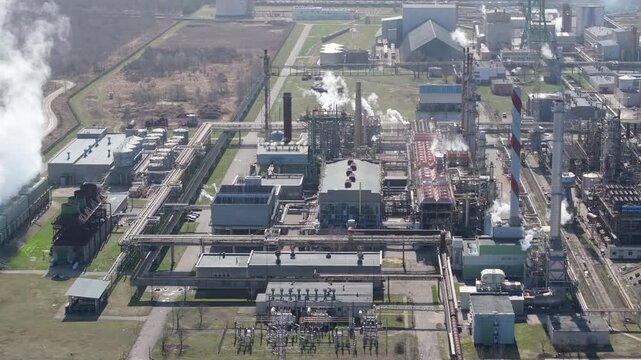 Industrial plant producing nitrogen fertilizers from natural gas, aerial view