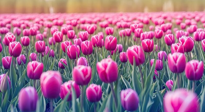 Vibrant pink tulips in a lush green field