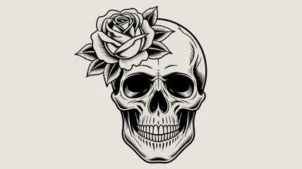 A striking black and white illustration of a skull adorned with a rose © MdSafi