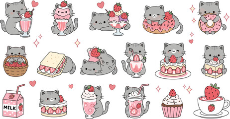 Cute Kawaii Cat and Strawberry Dessert Icon Set Featuring Cakes, Milkshake, Cupcake, Donut, Sandwich, and Sweet Kitty Characters for Sticker Design © MdRezaul