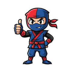 Obraz premium Dynamic blue and red ninja mascot character giving a confident thumbs-up gesture, isolated vector illustration.