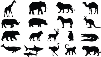 Fototapeta premium Black silhouettes of various wild animals in different poses and sizes