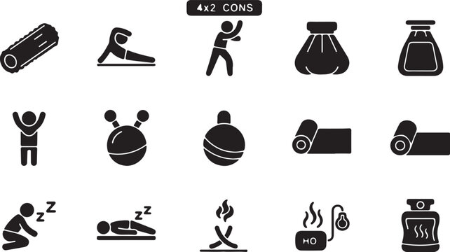 Minimalist yoga and wellness icon set, 4x2 icons collection for fitness and meditation, black solid vector symbols for spa and relaxation isolated PNG with Transparent Background
