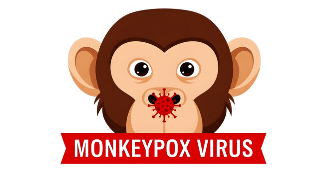 Cartoon monkey face with red virus and monkeypox virus text image