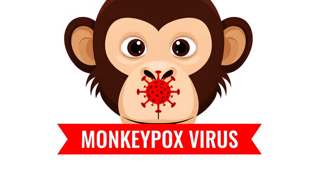 Cartoon monkey face with red monkeypox virus symbol on nose and text image