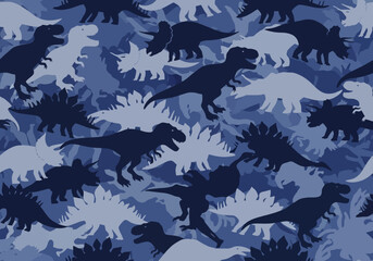 Seamless Blue Dinosaur Camouflage Pattern with T-rex and Triceratops Silhouettes © Desti