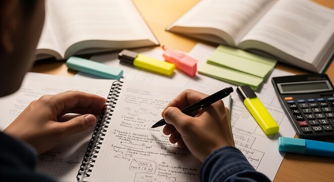 A person studies diligently at a desk with books, calculator, and colorful highlighters.