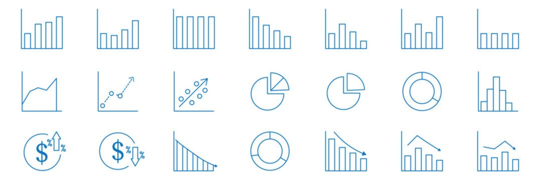 Graph and Chart icon set. Editable line icons. Vector. Line growth and decrease icon set. growth up and down. Profit and loss icon. Revenue Growth and decrease, Percentage Growth and decrease vector