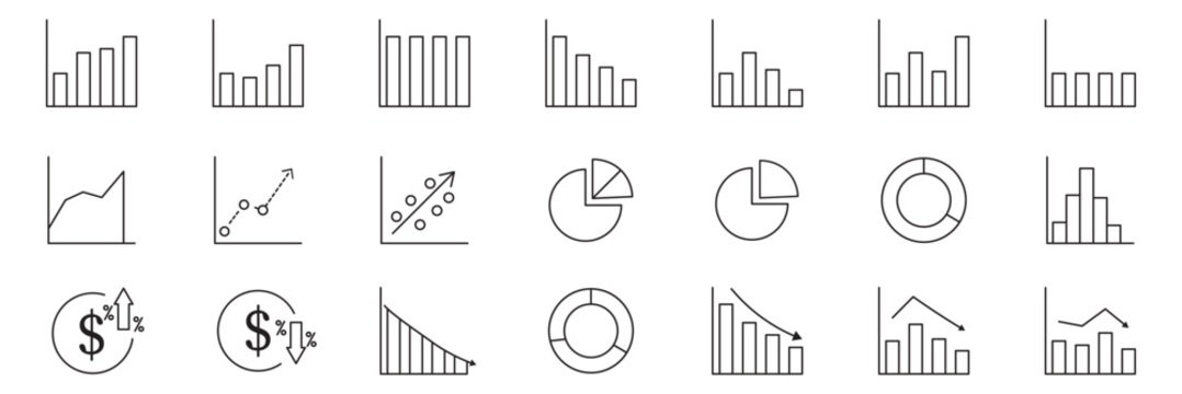 Graph and Chart icon set. Editable line icons. Vector. Line growth and decrease icon set. growth up and down. Profit and loss icon. Revenue Growth and decrease, Percentage Growth and decrease vector