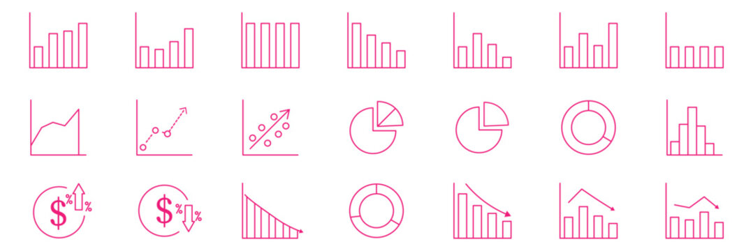 Graph and Chart icon set. Editable line icons. Vector. Line growth and decrease icon set. growth up and down. Profit and loss icon. Revenue Growth and decrease, Percentage Growth and decrease vector