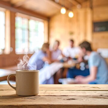 Dampfende Kaffeetasse im gem&uuml;tlichen Caf&eacute; mit entspannter Atmosph&auml;re