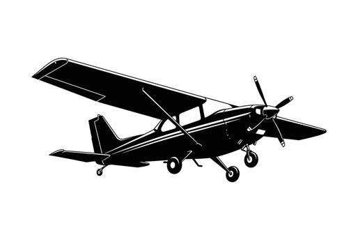 Small Propeller Plane Silhouette, Single Engine Light Aircraft Vector Illustration Isolated on White Background