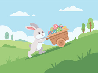 Fototapeta premium Easter Bunny Pushing Cart Full of Eggs Uphill.