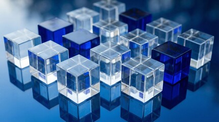Obraz premium Abstract 3D Composition of Translucent and Blue Glass Cubes on Reflective Blue Surface