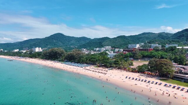 Aerial Karon Beach Phuket Thailand scenic tropical coastline island scene