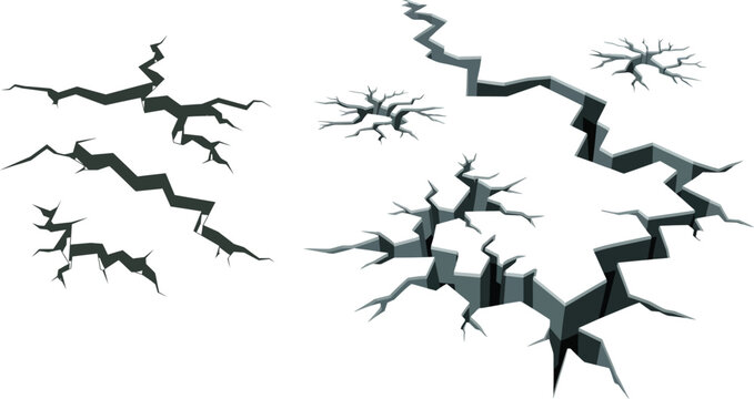 3D ground crack vector set, earthquake and broken surface effect isolated on black background