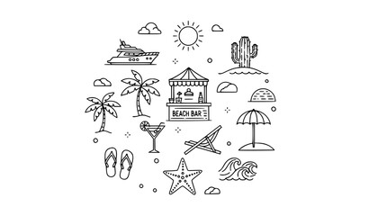Obraz premium Tropical beach outline icon set with yacht cabana cocktail and summer holiday symbols for web and app UI